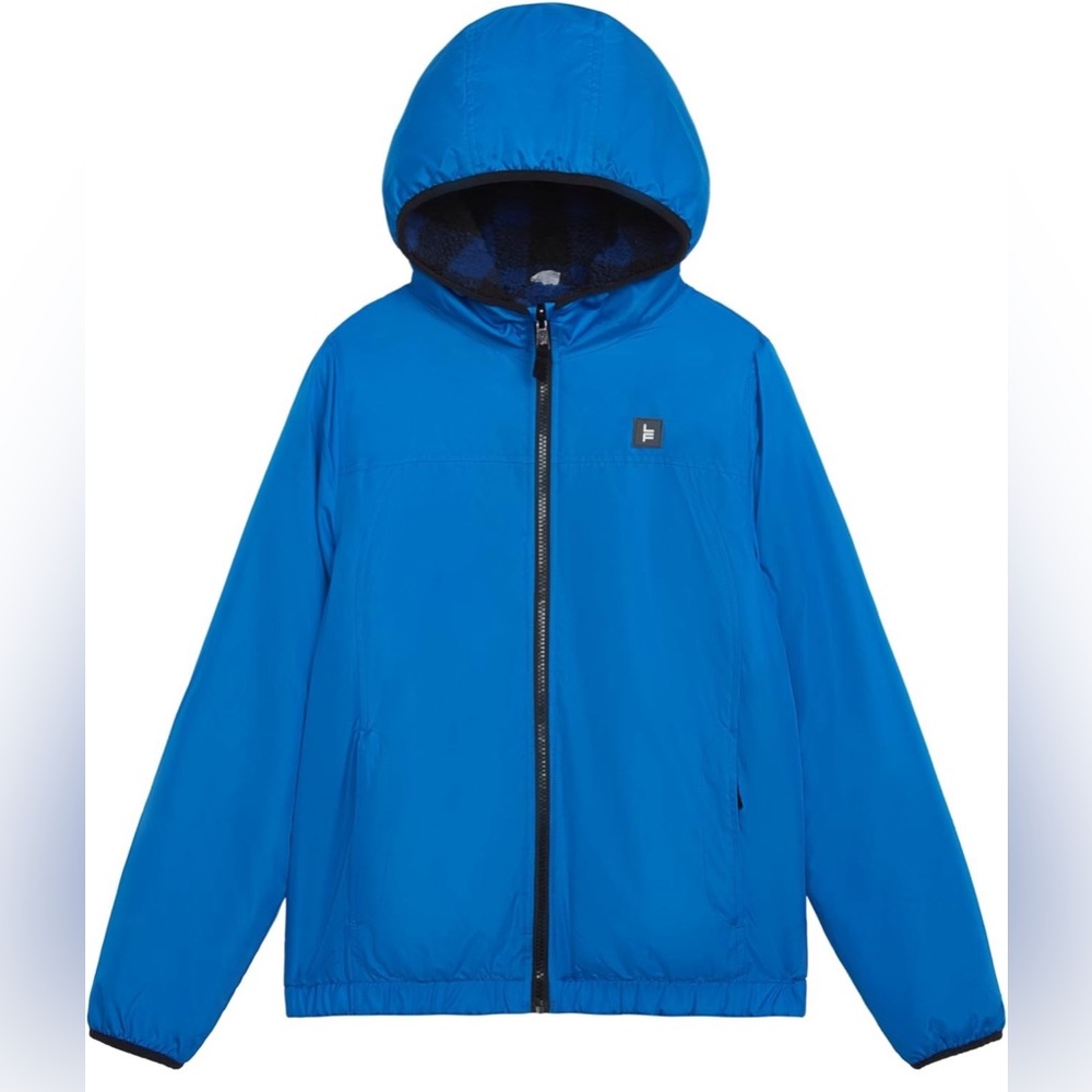 NWT LONDON FOG Boys Reversible Blue Hood Weather-Resistant Sherpa Jacket (L/7)
